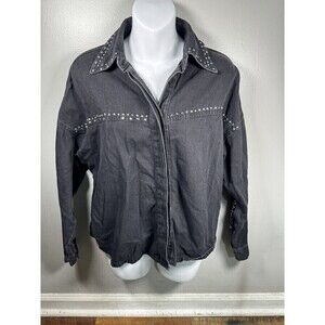 Zara Denim Jacket Womens XSmall Studded Shacket Oversized Black Western Pockets